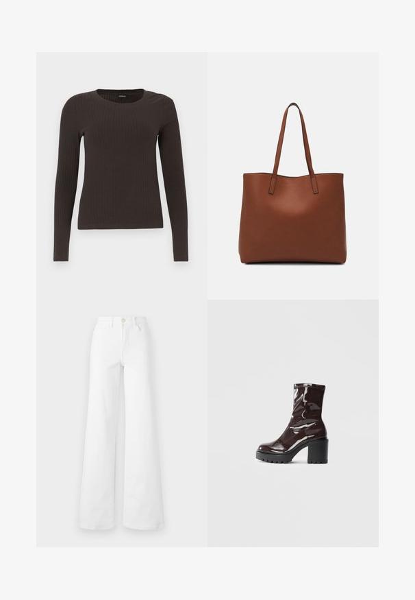 Rjav, dolgosleeve rebrasti zgornji del s krožnim izrezom. Narejen iz gladkega, raztegljivega materiala, z oprijetim silhuetom in minimalnimi detajli.; Beli široki kavbojki v belem denim materialu z visokim pasom, ki vsebujejo sprednje žepe, zanke za pas in gumbasto zapiranje. Gladka tekstura, brez vzorcev.; Sijajan škrlatank z bleščečim videzom, z masivnim črnim peto, ki se ponaša z gladko teksturo in preprostim dizajnom. Brez vidnih zapenjal ali vzorcev.; Rjava usnjena torba z gladko teksturo, odprto zasnovo zgoraj in dvema naramnima trakovoma. Opremljena je z minimalnim šivanjem in brez vidnih kovinskih delov.