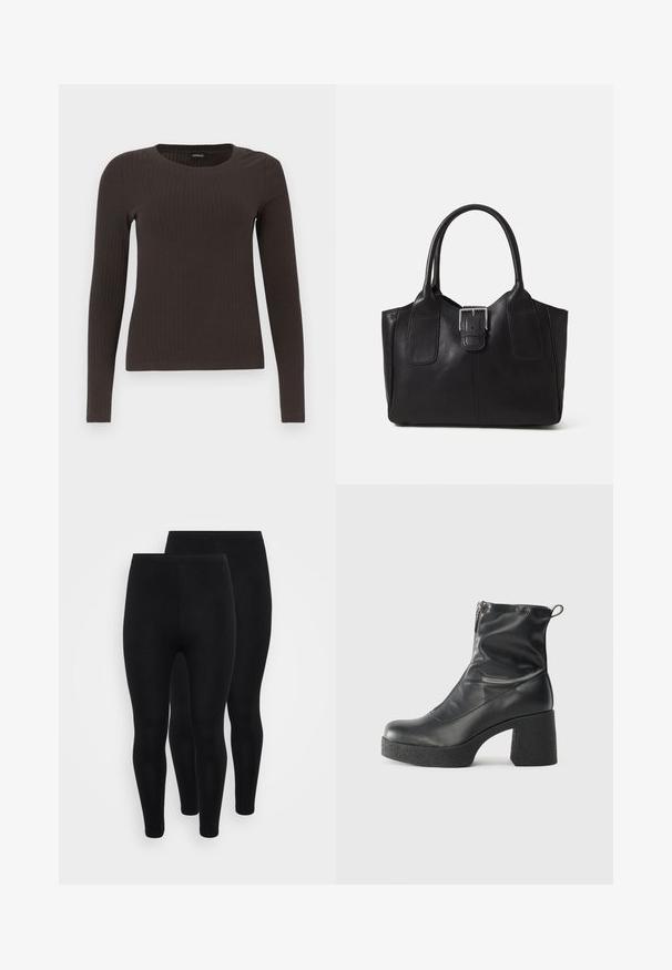 Top ribbed, de culoare maronie, cu mâneci lungi și gât rotund. Fabricat dintr-un material neted și elastic, cu un croi ajustat și detalii minime.; Colanți negri, dintr-un material elastic, cu un design ajustat. Au o textură netedă și o talie elastică. Două perechi expuse.; Bocanci negri de glezna din piele netedă, cu fermoar lateral, toc texturat și masiv, și design cu vârf rotund.; Geantă tote din piele neagră cu textură netedă, formă structurată, două mânere și un detaliu proeminent din aliaj de argint pe partea din față.