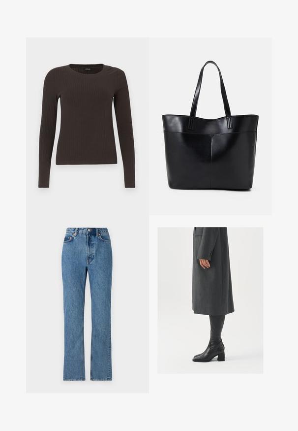 Top ribbed, de culoare maronie, cu mâneci lungi și gât rotund. Fabricat dintr-un material neted și elastic, cu un croi ajustat și detalii minime.; Blugi din denim de culoare albastru deschis, cu talie înaltă, picioare drepte și un design clasic cu cinci buzunare. Prezintă nasture și nituri din metal.; Palton gri, croit cu un croi drept; asortat cu cizme din piele neagră, până la genunchi, cu vârf pătrat și toc chunky.; Geantă oversized din piele neagră, cu două mânere lungi, de textură netedă și formă structurată. Are un buzunar frontal pentru stocare suplimentară.