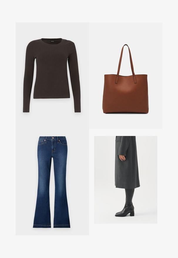 Top castanho de manga longa em malha com decote redondo. Feito de um material suave e elástico, apresentando um silhueta ajustada e detalhes mínimos.; Jeans de denim flare em azul escuro, com bolsos frontais, botões em metal e detalhes de costura discretos. Tecido de algodão com uma textura suave.; Casaco cinza, ajustado, com corte reto; combinado com botas de couro pretas até ao joelho, com biqueira quadrada e salto grosso.; Bolsa tote de couro castanho com uma textura suave, design de abertura superior e duas alças para o ombro. Apresenta costura mínima e sem hardware visível.