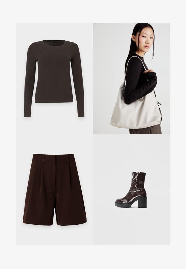 Bruine, lang%C3%A8ve ribgebreide top met een ronde hals. Gemaakt van een soepel, rekbaar materiaal, met een getailleerde pasvorm en minimale details.; Bruine shorts met een op maat gemaakt ontwerp en plooien, gemaakt van een soepele stof. Afgewerkt met een tailleband en zonder zichtbare zakken.; Glanzende bordeauxrode enkelboot met een chunky zwarte hak, met een gladde textuur en een eenvoudig ontwerp. Geen zichtbare sluitingen of patronen.; Beige handtas gemaakt van zacht materiaal, met een slonzig ontwerp, gestikte details en twee schouderbanden. Geschikt voor dagelijks gebruik.