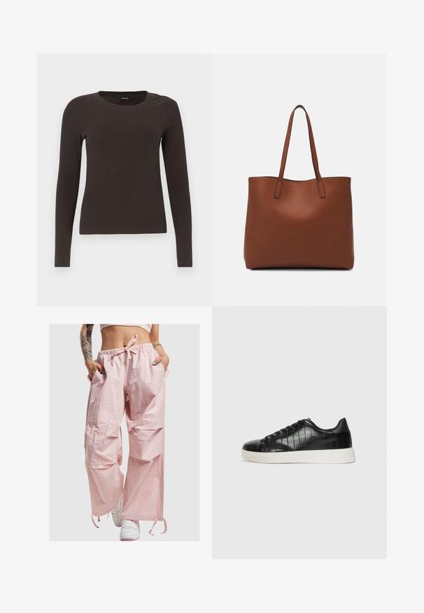 Hnedý, dlhý rukáv, rebrovaný top s okrúhlym výstrihom. Vyrobený z hladkého, elastického materiálu, s priliehavým strihom a minimálnym zdobením.; Ružové, ľahké, oversized nohavice s elastickým pásom, viazacím detailom a bočnými vreckami. Hladká textúra s minimálnym brandingom.; Čierne tenisky s textúrovaným kroko-embosovaným koženým zvrškom, zaoblenou špičkou a kontrastnou bielou gumovou podrážkou s hladkým povrchom.; Hnedá kožená taška na rameno s hladkou textúrou, otvoreným vrchom a dvoma ramenými popruhmi. Má minimálne šitia a žiadne viditeľné kovania.