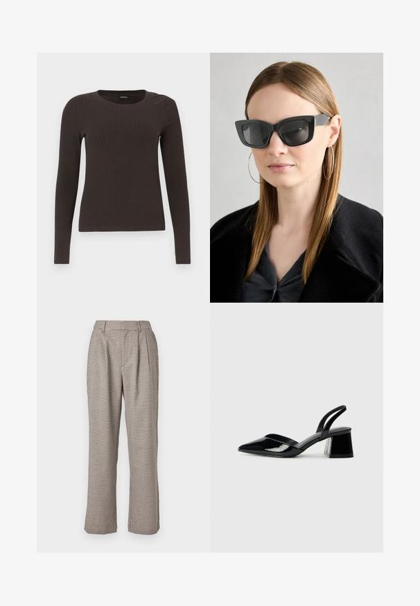 Rudas, su ilgomis rankovėmis, grioveliais dekoruotas viršus su apvaliu iškirpimu. Pagamintas iš lygaus, elastingo audinio, su prigludusia siluetu ir minimaliais akcentais.; Žakardo aukštai umbtos kelnes smėlio ir juodos spalvos, su laisvu siluetu, klostėmis ir šoniniais kišenėmis. Glotni tekstūra ir plačios kelnės.; Juodos lakuotos odinės šlepetės su smailiu pirštu ir geometriniu bloko kulnu. Turi elegantišką, minimalistinį dizainą ir lygų paviršių.; Juodos katės akies saulės akiniai su tamsiais objektyvais, storo rėmo ir subtiliais akcentais. Dėvimi su juodu paltu ir pilku viršumi, turinčiu ilgus tiesius plaukus.