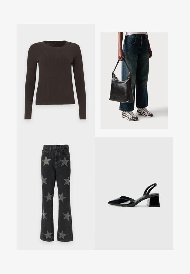 Pruun, pikkade varrukatega ribaga särk, millel on ümar kaelus. Valmistatud siledast, venivast materjalist, omades formatiivset siluetti ja minimaalset dekoratiivsust.; Mustad denim flared teksad, millel on erineva suurusega hõbedased tähesädelused. Kõrge vöökohaga disain koos taskute ja nupulukuga.; Mustad musta lakknahk kingad, millel on terav varvas ja geomeetriline plokkkonts. Omab elegantselt minimalistlikku disaini ja sujuvat tekstuuri.; Must musta õlakott, millel on sile tekstuur ja reguleeritav rihm, koos pleekinud laia jalgadega teksade ja sportlike tossudega.