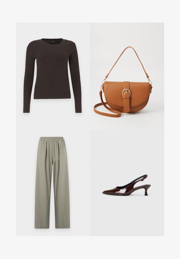 Top ribbed, de culoare maronie, cu mâneci lungi și gât rotund. Fabricat dintr-un material neted și elastic, cu un croi ajustat și detalii minime.; Pantaloni largi, gri deschis, cu talie înaltă, bandă elastică la talie și pliuri pe față.; Pantofii slingback din piele patent maro, cu vârful ascuțit și un toc moderat. Prezintă o curea cu prindere pentru o potrivire sigură. Textură netedă.; Geantă din piele maro, tip crossbody, cu o formă curbată, accesorii aurii și un accent cu cataramă. Dispune de un curea de umăr detașabilă.