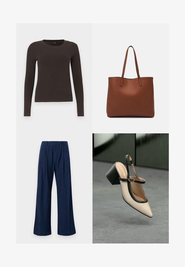 Bruine, lang%C3%A8ve ribgebreide top met een ronde hals. Gemaakt van een soepel, rekbaar materiaal, met een getailleerde pasvorm en minimale details.; Marine wijde broek gemaakt van lichtgewicht stof, met een hoge taille, plooien en schone naden. Zachte textuur en een nette pasvorm.; Beige puntige slingback schoen met zwarte rand, gouden gesp en een chunky blokhak op een grijze vloer met een donker groene achtergrond.; Bruine leren tote bag met een gladde textuur, een ontwerp met een open bovenkant en twee schouderbanden. Kenmerkt zich door minimale stiksels en geen zichtbare hardware.