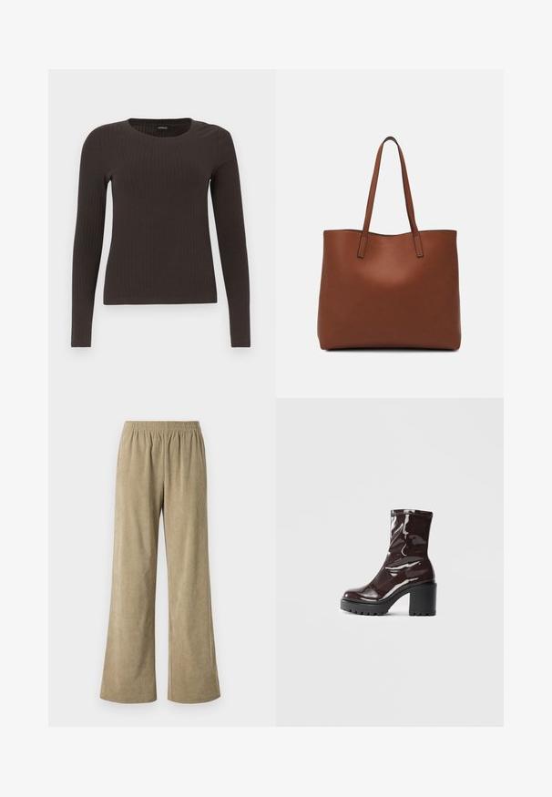 Brown, long-sleeve ribbed top with a crew neckline. Made from a smooth, stretchy material, featuring a fitted silhouette and minimal detailing.; Beige corduroy wide-leg pants with an elastic waistband, featuring vertical ribbed texture and a loose fit. Ideal for casual wear.; Glossy burgundy ankle boot with a chunky black heel, featuring a smooth texture and simple design. No visible fastenings or patterns.; Brown leather tote bag with a smooth texture, open top design, and two shoulder straps. Features minimal stitching and no visible hardware.