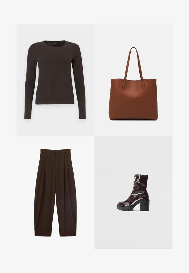 Braunes, langärmliges, geripptes Oberteil mit Rundhalsausschnitt. Hergestellt aus einem glatten, dehnbaren Material, mit einer taillierten Silhouette und minimalen Details.; Braune, hoch taillierte Hose mit Falten, aus glattem Stoff. Lässige Passform, gerade Beinform, mit Gürtelschlaufen und Reißverschluss.; Glatte bordeauxrote Ankle Boots mit einem klobigen schwarzen Absatz, die eine glatte Oberfläche und ein einfaches Design aufweisen. Keine sichtbaren Verschlüsse oder Muster.; Braune Leder-Tote mit glatter Textur, offenem Oberteil und zwei Schulterriemen. Verfügt über minimale Nähte und keine sichtbaren Beschläge.