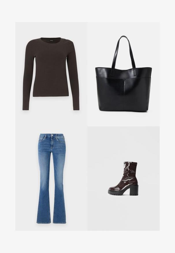 Bruine, lang%C3%A8ve ribgebreide top met een ronde hals. Gemaakt van een soepel, rekbaar materiaal, met een getailleerde pasvorm en minimale details.; Blauwe denim hoge taille jeans met voorzakken, knoop- en ritssluiting, en flared pijpen.; Glanzende bordeauxrode enkelboot met een chunky zwarte hak, met een gladde textuur en een eenvoudig ontwerp. Geen zichtbare sluitingen of patronen.; Zwarte leren tote bag met twee lange handvatten, een zachte textuur en een gestructureerde vorm. Voorzien van een voorvak voor extra opslagruimte.