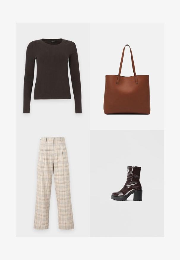 Brown, long-sleeve ribbed top with a crew neckline. Made from a smooth, stretchy material, featuring a fitted silhouette and minimal detailing.; Beige plaid trousers with wide legs, featuring a subtle check pattern in blue and brown. Made of lightweight fabric, with pleats at the waist.; Glossy burgundy ankle boot with a chunky black heel, featuring a smooth texture and simple design. No visible fastenings or patterns.; Brown leather tote bag with a smooth texture, open top design, and two shoulder straps. Features minimal stitching and no visible hardware.