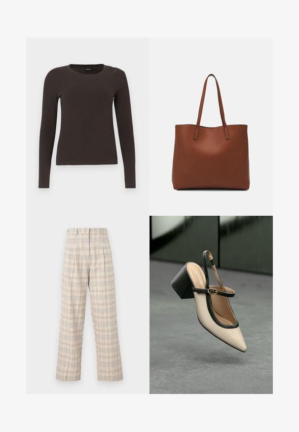 Brown, long-sleeve ribbed top with a crew neckline. Made from a smooth, stretchy material, featuring a fitted silhouette and minimal detailing.; Beige plaid trousers with wide legs, featuring a subtle check pattern in blue and brown. Made of lightweight fabric, with pleats at the waist.; Beige pointed-toe slingback shoe with black trim, gold buckle, and a chunky block heel on gray floor with dark green background.; Brown leather tote bag with a smooth texture, open top design, and two shoulder straps. Features minimal stitching and no visible hardware.