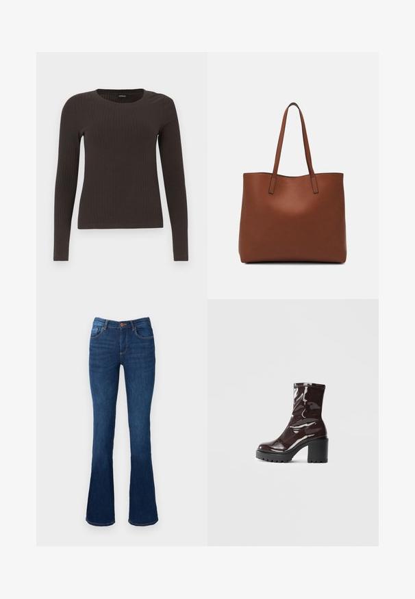 Top castanho de manga longa em malha com decote redondo. Feito de um material suave e elástico, apresentando um silhueta ajustada e detalhes mínimos.; Calças de ganga azuis flare com uma cintura de altura média, apresentando bolsos dianteiros e traseiros, costura laranja e fecho com botão.; Bota de tornozelo burgundy brilhante com um salto preto robusto, apresentando uma textura suave e um design simples. Sem fechos ou padrões visíveis.; Bolsa tote de couro castanho com uma textura suave, design de abertura superior e duas alças para o ombro. Apresenta costura mínima e sem hardware visível.