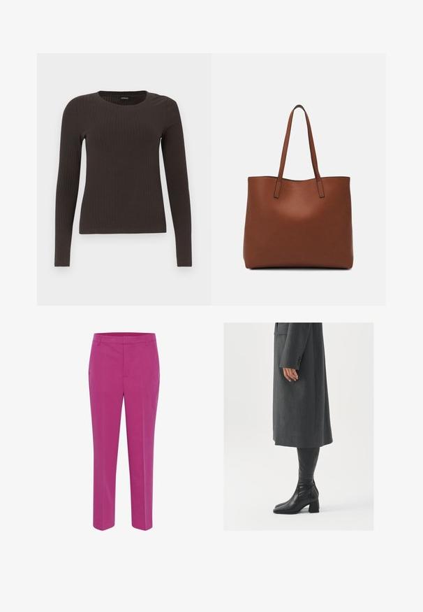 Un haut marron à manches longues en rib avec un col rond. Fabriqué dans un matériau lisse et extensible, il présente une silhouette ajustée et un minimum de détails.; Kaffe KASAKURA - Chino - festival fuchsia; Manteau gris taillé à coupe droite ; associé à des bottes en cuir noir jusqu'au genou avec un bout carré et un talon épais.; Sac fourre-tout en cuir marron avec une texture lisse, design à ouverture supérieure et deux poignées pour le porter à l'épaule. Présente des coutures minimales et aucun matériel visible.