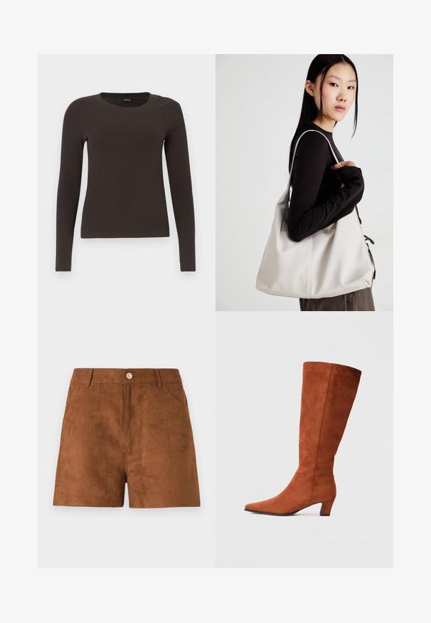 Rudas, su ilgomis rankovėmis, grioveliais dekoruotas viršus su apvaliu iškirpimu. Pagamintas iš lygaus, elastingo audinio, su prigludusia siluetu ir minimaliais akcentais.; Rudos suede šortai su lygiu paviršiumi, turintys priekinį mygtuką ir šonines kišenes. Tiesus kirpimas ir vidutinio ilgio iki šlaunų.; Rudos zomšos aukštakulniai batai iki kelių su smailiu pirštu ir mažu blokiniu kulnu, pasižymintys lygiu paviršiumi ir minimalistišku dizainu.; Bežinė rankinė, pagaminta iš minkštos medžiagos, turinti laisvą dizainą, siuvinėtas detalės ir dvi petnešos. Tinkama kasdieniam naudojimui.