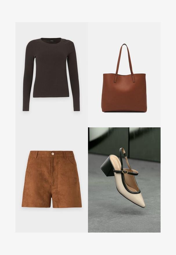 Hnědý, dlouhý rukáv, žebrovaný top s kulatým výstřihem. Vyrobeno z hladkého, elastického materiálu, s přiléhavým střihem a minimálním zdobením.; Hnědé semišové šortky s hladkou texturou, s předním zapínáním na knoflík a postranními kapsami. Rovný střih a délka do poloviny stehna.; Beige boty s špičatou špičkou a otevřenou patou, černými detaily, zlatou přezkou a silným blokovým podpatkem, na šedé podlaze s tmavě zeleným pozadím.; Hnědá kožená taška přes rameno s hladkou texturou, otevřeným designem a dvěma ramenními popruhy. Obsahuje minimální švy a žádné viditelné kovové prvky.