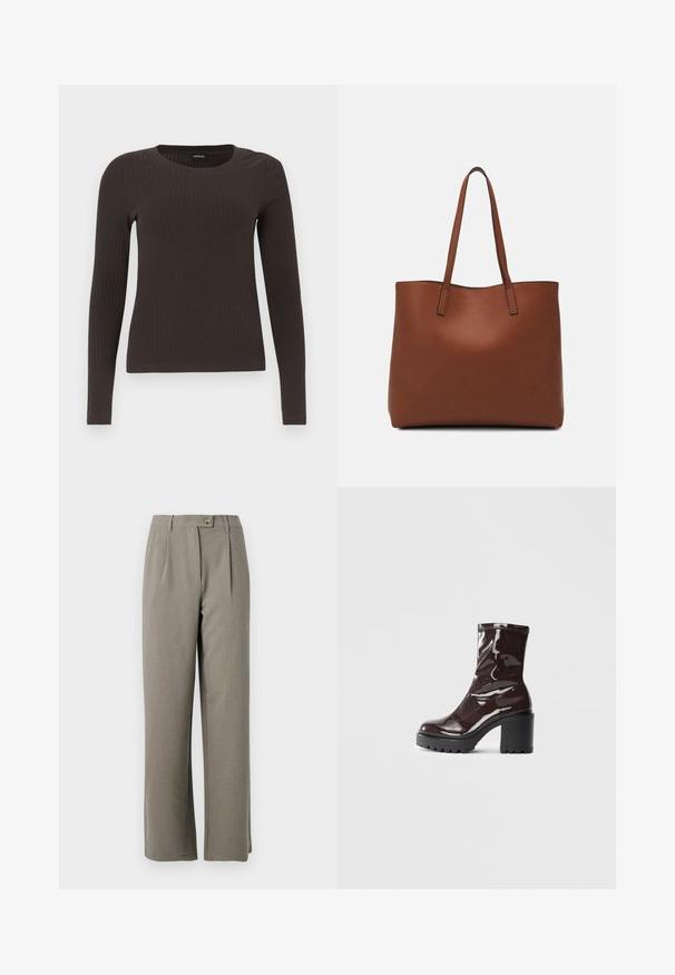 Brun långärmad ribbad topp med rundad halsringning. Tillverkad av ett mjukt, elastiskt material, med en figurnära silhuett och minimala detaljer.; Ljust grå vida byxor med en slät textur, med frontveck, knappstängning och två sidofickor.; Glansig bordeauxfärgad ankelsko med en kraftig svart klack, som har en slät yta och enkel design. Inga synliga stängningar eller mönster.; Brun läder tote-väska med en slät textur, öppen toppdesign och två axelremmar. Har minimal söm och ingen synlig metalldetalj.