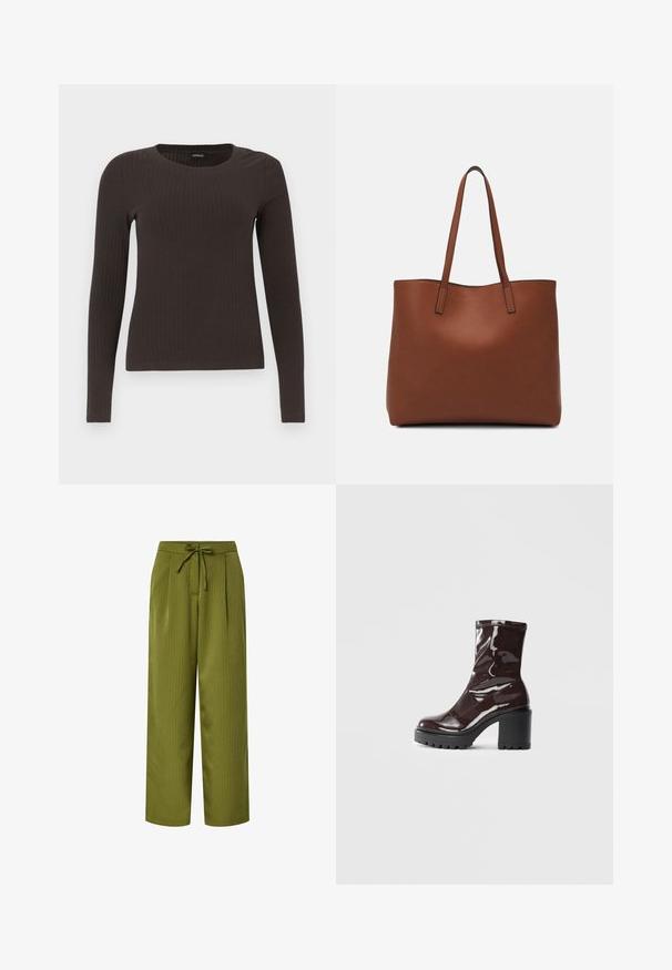 Un haut marron à manches longues en rib avec un col rond. Fabriqué dans un matériau lisse et extensible, il présente une silhouette ajustée et un minimum de détails.; Pantalons larges de couleur vert olive avec des rayures verticales, taille à nouer et plis devant ; texture lisse et bas de jambe fuselés aux chevilles.; Bottines bordeaux brillantes à talon épais noir, avec une texture lisse et un design simple. Aucune fermeture visible ni motifs.; Sac fourre-tout en cuir marron avec une texture lisse, design à ouverture supérieure et deux poignées pour le porter à l'épaule. Présente des coutures minimales et aucun matériel visible.