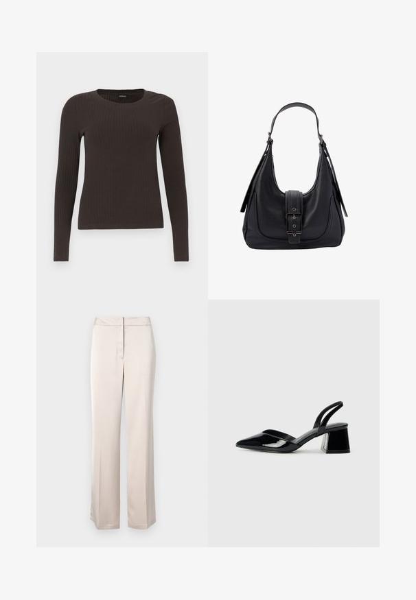 Brūns, garām piedurknēm ribots tops ar apaļu kakla izgriezumu. Izgatavots no gludas, elastīgas materiāla, ar pieguļošu siluetu un minimālu apdari.; Bežās plašās bikses, kas izgatavotas no gludas auduma ar vienkāršu siluetu, ar plakanu priekšpusi un diskretu jostas aizdari.; Melna lakota āda ar atvērto papēdi, ar smailu purngalu un ģeometrisku blokpapēdi. Iezīmējas elegants, minimāls dizains un gluda tekstūra.; Melnas ādas plecu soma ar teksturētu apdari, platām siksnām un atloku aizdari, kurai ir taisnstūra sprādze un metāla akcenti.