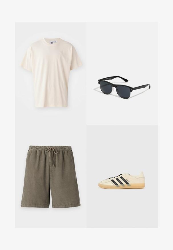 T-shirt in cotone crema con scollatura rotonda e maniche corte; presenta un piccolo logo chiaro sul petto.; Pantaloni corti in corduroy di cotone verde oliva con strisce verticali testurizzate, vita elastica e coulisse regolabile per il massimo comfort.; Sneaker di colore crema chiaro con design a tre strisce nere, tomaia testurizzata, punta rotonda e suola in gomma. Presenta lacci e branding sul lato.; Occhiali da sole neri con forma rettangolare, lenti scure, dettagli in argento alle tempie e finitura opaca sulla montatura.