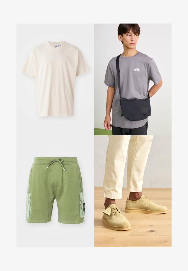 Kremo spalvos medvilnės marškinėliai su apvaliu iškirpimu ir trumpomis rankovėmis; ant krūtinės yra mažas, šviesios spalvos logotipas.; Žali medvilniniai šortai su elastinga juosme ir raišteliu. Pasižymi dviem šoninėmis kišenėmis ir tekstūruotais akcentais ant šonų.; Šviesiai geltoni zomšiniai batai su apvalia nosimi ir žemu profilio dizainu, turintys raištelius ir guminį pado, derinami su kremės spalvos kelnėmis.; Juodas nailono per petį nešiojamas krepšys su reguliuojama juosta, turintis raišteliu uždaromą užsegimą ir įspaustomis logotipo detalėmis. Dėvimas ant pilkos marškinėlių.