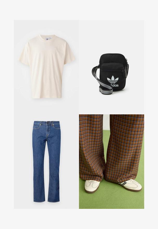 T-shirt en coton crème avec un col rond et des manches courtes ; présente un petit logo de couleur claire sur la poitrine.; Jean en denim bleu, coupe droite, avec fermeture à bouton, passants de ceinture et cinq poches ornées de détails de couture subtils.; Un pantalon large à carreaux marron et bleu associé à des chaussures blanches avec des accents noirs et des semelles texturées, le tout sur fond vert.; Sac bandoulière noir en tissu avec fermeture éclair, arborant un logo Adidas blanc et une sangle réglable rayée pour un port facile.