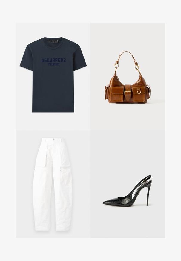 Camiseta de algodón azul marino de manga corta, con cuello redondo y logo "DSQUARED2 MILANO" impreso en azul oscuro en el pecho.; Pantalones cargo blancos con un corte holgado, múltiples bolsillos en los laterales, y una tela texturizada con una cintura alta y cierre de botón.; Zapato de tacón tipo slingback negro con punta afilada, patrón de serpiente texturizado, tacón de aguja y una hebilla decorativa en la correa.; Bolso de mano de cuero marrón con forma curva, herrajes en tono dorado dual, dos bolsillos frontales y una correa amplia. Textura suave con un acabado elegante.
