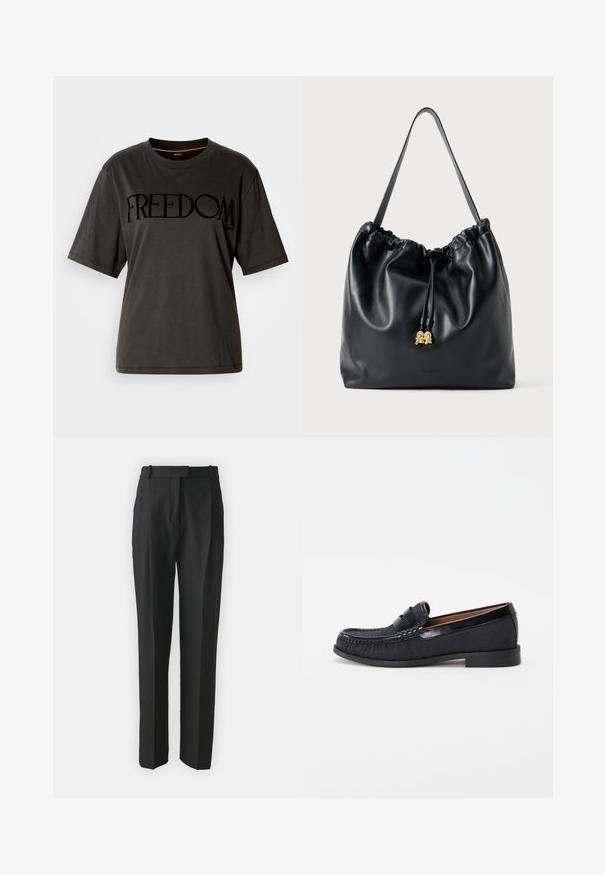 Fekete pamut póló, bő szabással, kerek nyakkivágással, a mellen lévő matt felületű, merész "SZABADSÁG" felirattal. Rövid ujjú.; Fekete, testre szabott nadrág, könnyű anyagból készült, egyenes szabású, lapos elülső résszel és övhurkokkal. Simának tűnő textúra, látható minták nélkül.; Fekete, textúrált anyagból készült, slip-on loaferek, fényes bőr kiegészítővel és finom varrási részletekkel, alacsony gumitalppal.; Fekete bőr húzózsinóros táska sima felülettel, összegyűjtött tetejével és diszkrét arany kiegészítőkkel. Egyetlen strapabíró pánttal és dombornyomott logóval rendelkezik.