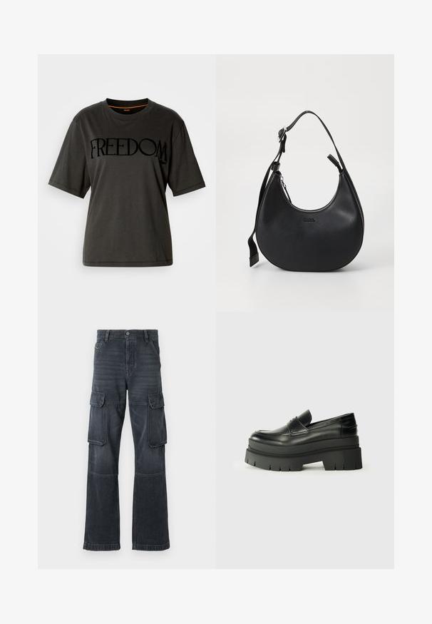 Svart bomull T-skjorte, oversized passform, rund hals, med fet tekst "FRIHET" foran i en matt finish. Korte ermer.; Mørkegrå cargo bukser laget av denim, med to sidelommer og en vid ben-design. Sømmer og kanter med stikking.; Svarte skinnloafers med en kraftig plattformsåle. Rund tå, fremre sømdetalj og subtile sømdetaljer. Flat, teksturert yttersåle.; Svart skulderveske i skinn med buet form, glidelås og justerbar stropp. Har preget merkevarelogo på forsiden.