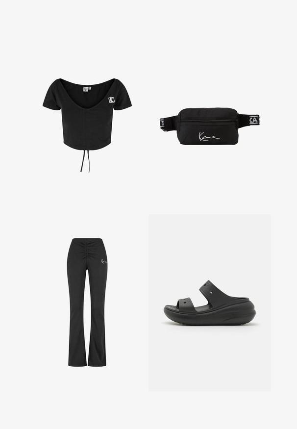 Zwart cropped t-shirt met korte mouwen, diepe V-hals, trekkoord aan de zoom en een wit geborduurd logo aan de linkerkant.; Zwarte uitlopende broek met een geplooide tailleband, gemaakt van een zachte, rekbare stof. Bevat een klein wit logo aan de linkerkant.; Zwarte gesloten sandalen met twee brede banden en kleine ventilatiegaten, met een dikke gevoerde zool voor comfort.; Zwarte heuptas gemaakt van duurzaam materiaal, voorzien van een ritsvak, verstelbare schouderband en wit handtekeninglogo aan de voorkant.