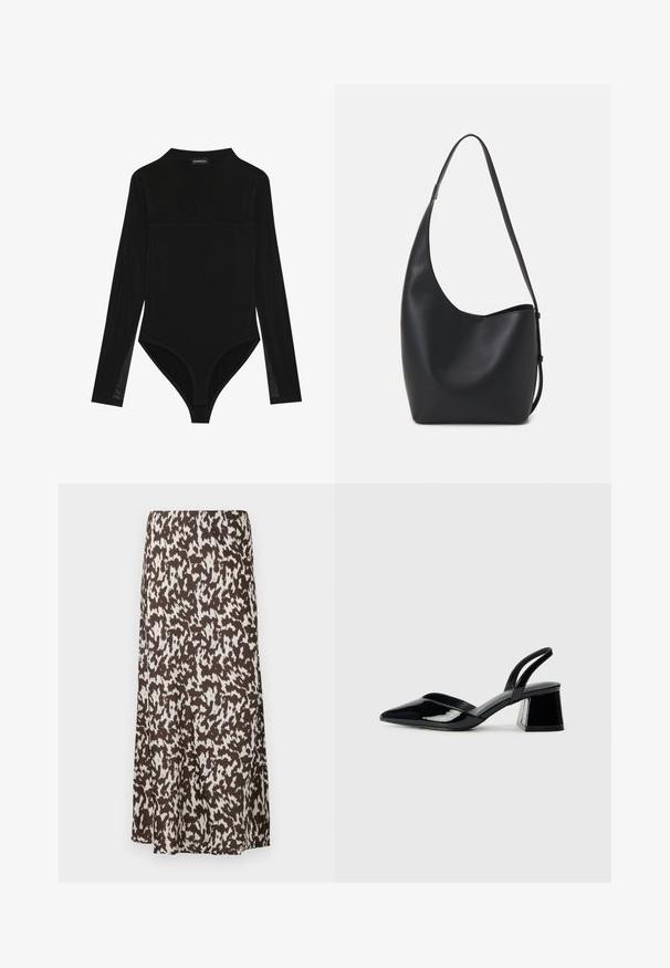 Bodysuit noir à manches longues en tissu lisse. Présente un col montant et un bas ajusté avec une coupe string. Manches en maille texturée.; Jupe brune avec un motif abstrait blanc, au design fluide et à la texture lisse, allant jusqu'à la longueur mi-mollet.; Escarpins en cuir verni noir avec bout pointu et talon bloc géométrique. Présente un design élégant et minimaliste ainsi qu'une texture lisse.; Sac hobo en cuir noir avec une texture lisse, une forme incurvée et une seule sangle réglable ; dispose d'une large ouverture en haut.