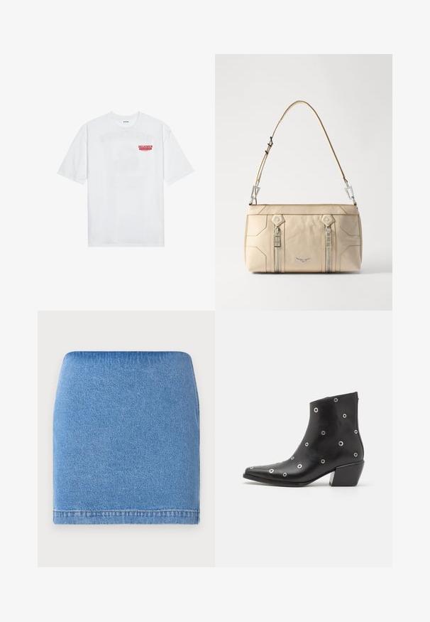 Bela bomba majica iz bombaža z kratkimi rokavi, krožno ovratnikom in rdečim grafičnim besedilom "OKUSNO OSVEŽILNO SADJE" na sprednji strani.; Denim mini krilo svetlo modre barve z oprijetim dizajnom, ravnim robom in subtilno teksturo. Brez vidnih zapiranj ali žepov.; Črne usnjene gležnjarje s srebrnimi okroglimi detajli, koničastim nosom in blok peto. Eleganten dizajn z gladko teksturo.; Bežna usnjena torbica z argentinsko kovino, dvema stranskima zadrgama, strukturirano zasnovo in snemnim trakom za vsestranskost.