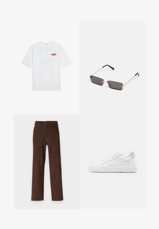 T-shirt en coton blanc avec des manches courtes, col rond et un texte graphique rouge "FRUIT RAFRAÎCHISSANT DÉLICIEUX" à l'avant.; Pantalons en velours côtelé marron avec une coupe droite, dotés d'une fermeture à bouton et zip, de deux poches avant et d'un motif en relief texturé.; Des baskets en cuir blanc avec une finition lisse, un bout rond, des lacets plats et une semelle texturée. Accents en daim gris au niveau du talon.; Lunettes de soleil avec des verres rectangulaires gris foncé, des montures en métal argenté et des embouts en plastique noir sur les branches. Conception légère avec des plaquettes de nez.