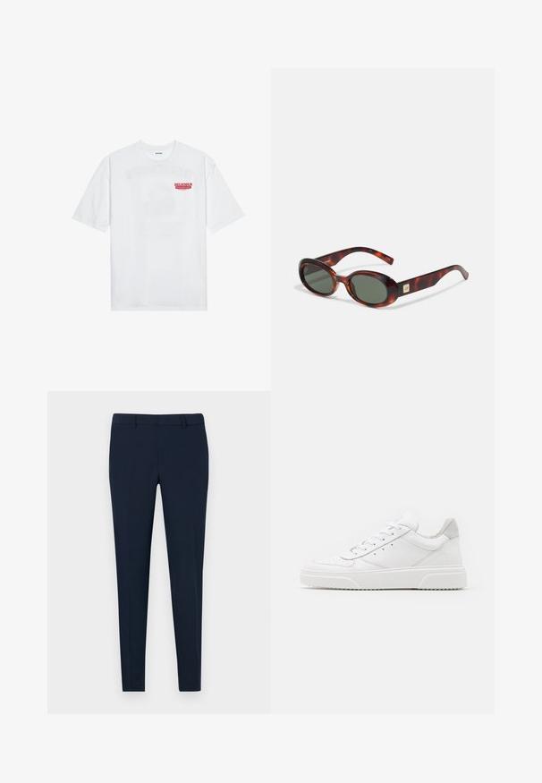White cotton t-shirt featuring short sleeves, crew neck, and a red graphic text "DELICIOUS REFRESHING FRUIT" on the front.; Navy blue tailored trousers with a slim fit, flat front, and belt loops, made from smooth fabric. No visible patterns or embellishments.; White leather sneakers with a smooth finish, rounded toe, flat laces, and a textured sole. Grey suede accent at the heel.; Tortoise-shell sunglasses with dark lenses, oval shape, and wide arms. Features a small gold accent on the side. Smooth plastic material.