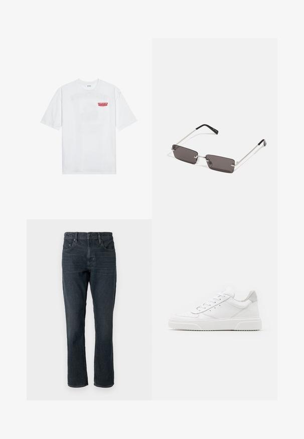 Valge puuvillane T-särk, millel on lühikesed varrukad, ümmargune kaelus ja esiküljel punane graafiline tekst "MAITSVA KONDISIOONIGA PUUVILI".; Tumedat sinised teksad sirge lõikega, viie taskuga disain ja nööbiga kinnitamine. Omab kerget kulumist ja kontrastset õmblust.; Valged nahast spordijalatsid siledast nahast viimistlusega, ümarate varvastega, lamekestega ja tekstuuriga tallaga. Hall suede aktsent kanna juures.; Kübarid, millel on ristkülikukujulised, tumedhalli värvi läätsed, hõbedased metallraamid ja mustad plastotsad käeotsades. Kerge disain koos nina padjadega.