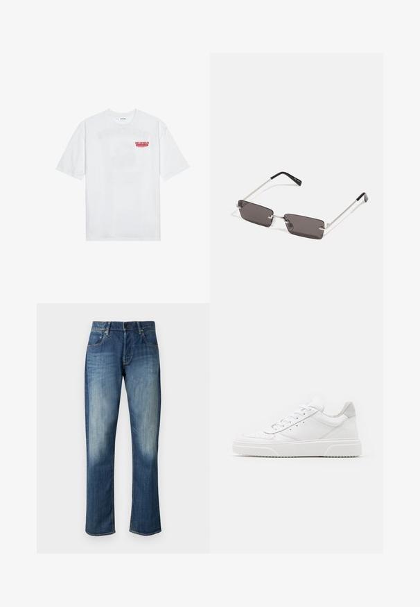 Bela bomba majica iz bombaža z kratkimi rokavi, krožno ovratnikom in rdečim grafičnim besedilom "OKUSNO OSVEŽILNO SADJE" na sprednji strani.; Temno modri džins hlače s naravnim krojem, svetlim zbledelostjo, klasičnim pet-pocket dizajnom in enim kovinskim gumbom za zapiranje v pasu.; Bele usnjene športne copate z gladkim zaključkom, okroglo konico, ravnimi vezalkami in teksturiranim podplatom. Sivi semiš detajl na peti.; Očala za sonce s pravokotnimi, temno sivimi lečami, srebrnimi kovinskimi okvirji in črnimi plastičnimi konicami na ročajih. Lahka zasnova z nosnimi blazinicami.