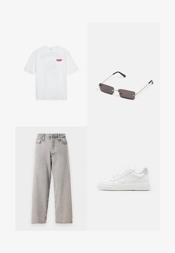 Valge puuvillane T-särk, millel on lühikesed varrukad, ümmargune kaelus ja esiküljel punane graafiline tekst "MAITSVA KONDISIOONIGA PUUVILI".; Laia hall hallide hõbedast denimi teksad, millel on pleekinud pesu, viis taskut, vööloopide ja kontrastsed õmblused. Sile tekstuur ja sirge lõige.; Valged nahast spordijalatsid siledast nahast viimistlusega, ümarate varvastega, lamekestega ja tekstuuriga tallaga. Hall suede aktsent kanna juures.; Kübarid, millel on ristkülikukujulised, tumedhalli värvi läätsed, hõbedased metallraamid ja mustad plastotsad käeotsades. Kerge disain koos nina padjadega.