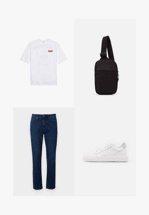 Bijela pamučna majica kratkih rukava s okruglim izrezom, s crvenim grafičkim natpisom "UKUSNO OSVJEŽAVAJUĆE VOĆE" sprijeda.; Tamno plave traperice ravnog kroja s pet džepova, petljama za remen i metalnim kopčanjem na struku. Gladak materijal i klasičan dizajn.; Bijele kožne tenisice s glatkom površinom, okruglim vrhom, ravnim vezicama i strukturiranom potplatom. Sivi antilop naglasak na peti.; Crna torba preko tijela napravljena od izdržljive tkanine, s jednim podesivim remenom, glavnim odjeljkom na patentni zatvarač i prednjim džepom.