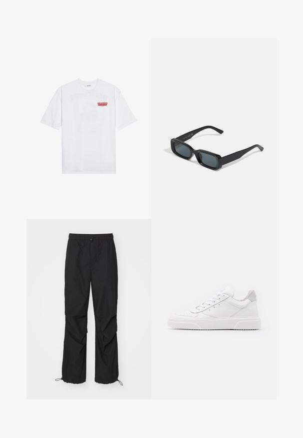 Biele bavlnené tričko s krátkymi rukávmi, okrúhlym výstrihom a červeným grafickým textom "CHUTNÉ OSVIEŽUJÚCE OVOCIE" na prednej strane.; Čierne, ľahké športové nohavice s elastickým pásom, zipsovými detailmi a nastaviteľnými manžetami; majú voľný strih a hladkú textúru.; Biele kožené tenisky s hladkým povrchom, zaoblenou špičkou, plochými šnúrkami a textúrovanou podrážkou. Sivý semišový akcent na päte.; Čierne obdĺžnikové slnečné okuliare s tmavými sklami. Lesklý rám, rovné ramená s miernym zakrivením. Minimalistický dizajn, bez ozdôb.