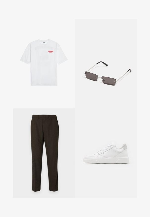 Biele bavlnené tričko s krátkymi rukávmi, okrúhlym výstrihom a červeným grafickým textom "CHUTNÉ OSVIEŽUJÚCE OVOCIE" na prednej strane.; Hnedé nohavice na mieru so strihom rovného nohu, s hladkou textúrou, pútkami na opasok a bočnými vreckami. Vhodné na formálne nosenie.; Biele kožené tenisky s hladkým povrchom, zaoblenou špičkou, plochými šnúrkami a textúrovanou podrážkou. Sivý semišový akcent na päte.; Slnečné okuliare s obdĺžnikovými, tmavosivými sklami, striebornými kovovými rámami a čiernymi plastovými koncami na rúčkach. Ľahký dizajn s nosovými podložkami.