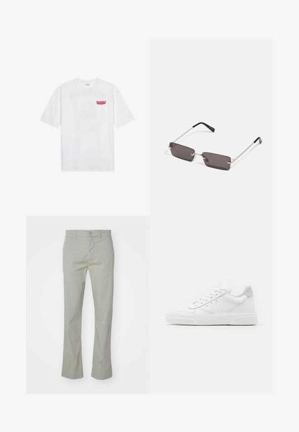 Bela bomba majica iz bombaža z kratkimi rokavi, krožno ovratnikom in rdečim grafičnim besedilom "OKUSNO OSVEŽILNO SADJE" na sprednji strani.; Svetlo sivi bombažni chinos hlače s ravnim nogavicami, z zadrgo in gumbom, ter sprednjimi žepi. Gladka tekstura z obrobnimi robovi.; Bele usnjene športne copate z gladkim zaključkom, okroglo konico, ravnimi vezalkami in teksturiranim podplatom. Sivi semiš detajl na peti.; Očala za sonce s pravokotnimi, temno sivimi lečami, srebrnimi kovinskimi okvirji in črnimi plastičnimi konicami na ročajih. Lahka zasnova z nosnimi blazinicami.
