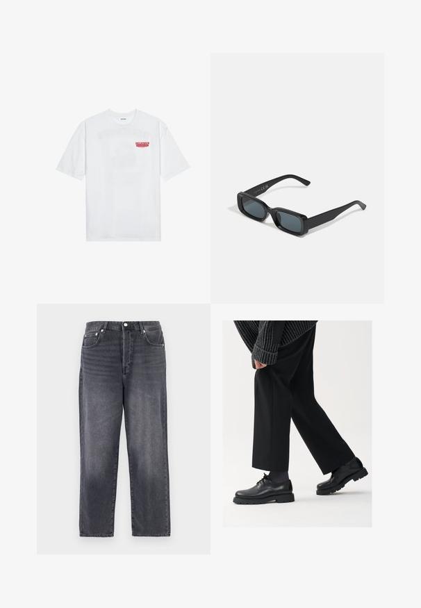 Weißes Baumwoll-T-Shirt mit kurzen Ärmeln, Rundhalsausschnitt und einem roten grafischen Text "LECKERER ERFRISCHENDER FRUCHT" auf der Vorderseite.; Dunkelgraue Denim-Jeans mit geradem Schnitt, fünf Taschen und Metallbeschlägen. Der Stoff hat eine subtile Textur und ausgewaschene Akzente.; Schwarze Lederschuhe mit einer runden Spitze, Schnürdesign und dicker, strukturierter Sohle. Getragen mit maßgeschneiderten schwarzen Hosen und einem gerippten Pullover.; Schwarze rechteckige Sonnenbrille mit dunklen Gläsern. Glänzender Rahmen, gerade Bügel mit leichter Krümmung. Minimalistisches Design, keine Verzierungen.