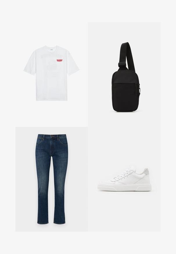 Biele bavlnené tričko s krátkymi rukávmi, okrúhlym výstrihom a červeným grafickým textom "CHUTNÉ OSVIEŽUJÚCE OVOCIE" na prednej strane.; Tmavomodré džínsy s úzkym strihom a rovnými nohavicami. Obsahujú päť vreciek a zapínanie na gombík. Svetlé vyblednutie na stehnách.; Biele kožené tenisky s hladkým povrchom, zaoblenou špičkou, plochými šnúrkami a textúrovanou podrážkou. Sivý semišový akcent na päte.; Čierna crossbody taška vyrobená z odolnej tkaniny, s jedným nastaviteľným popruhom, so zipsom na hlavnej priehradke a prednou kapsou.