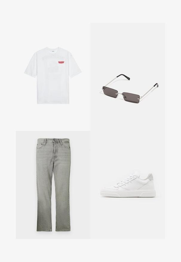 Fehér pamut póló, rövid ujjakkal, kerek nyakkal, elöl piros grafikus felirattal: "ÍZLETES FRESKÉLŐ GYÜMÖLCS".; Világosszürke farmernadrág, egyenes szabással, öt zsebbel, elöl cipzárral és finom kopott textúrával.; Fehér bőr sportcipő sima felülettel, kerek orral, lapos fűzőkkel és textúrált talppal. Szürke velúr díszítés a saroknál.; Napszemüveg téglalap alakú, sötétszürke lencsékkel, ezüstszínű fémkerettel és fekete műanyag végű szárakkal. Könnyű kivitel, orrpárnákkal.