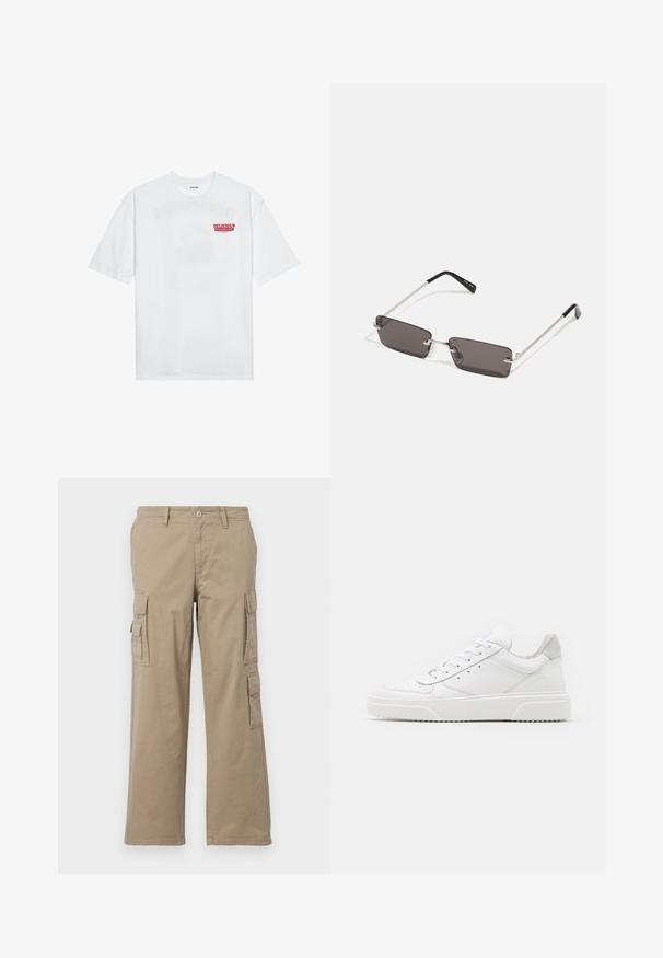 White cotton t-shirt featuring short sleeves, crew neck, and a red graphic text "DELICIOUS REFRESHING FRUIT" on the front.; Beige cargo pants made of cotton, featuring multiple side pockets, straight leg design, and a button closure. Smooth texture with stitching details.; White leather sneakers with a smooth finish, rounded toe, flat laces, and a textured sole. Grey suede accent at the heel.; Sunglasses with rectangular, dark grey lenses, silver metal frames, and black plastic tips on the arms. Lightweight design with nose pads.