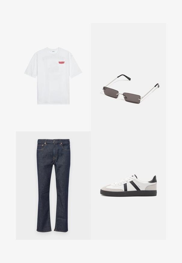 Balta kokvilnas T-kreklu ar īsām piedurknēm, apaļu kakla izgriezumu un sarkanu grafisku tekstu "GARDI ATSPIRDZINOŠI AUGĻI" priekšpusē.; Tumši zili džinsi ar taisna kāju dizainu, redzamām šuvēm, piecām kabatām un priekšējo pogu aizdari. Minimālistiski bez greznojuma.; Baltas sneakeris ar melniem un pelēkiem akcentiem, kuram ir teksturēts pelēks purngals, melna gumijas zole un plakanas baltas šņores. Tīrs dizains, minimālisma stils.; Saulesbrilles ar taisnstūra formas, tumši pelēkiem stikliem, sudraba metāla rāmjiem un melnām plastikāta galviņām uz kājiņām. Viegls dizains ar deguna spilventiņiem.