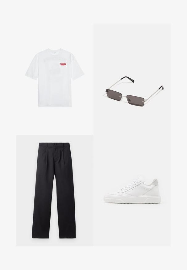 White cotton t-shirt featuring short sleeves, crew neck, and a red graphic text "DELICIOUS REFRESHING FRUIT" on the front.; Black, wide-leg trousers made of a smooth fabric. Features front pleats, a button closure, and two side pockets.; White leather sneakers with a smooth finish, rounded toe, flat laces, and a textured sole. Grey suede accent at the heel.; Sunglasses with rectangular, dark grey lenses, silver metal frames, and black plastic tips on the arms. Lightweight design with nose pads.