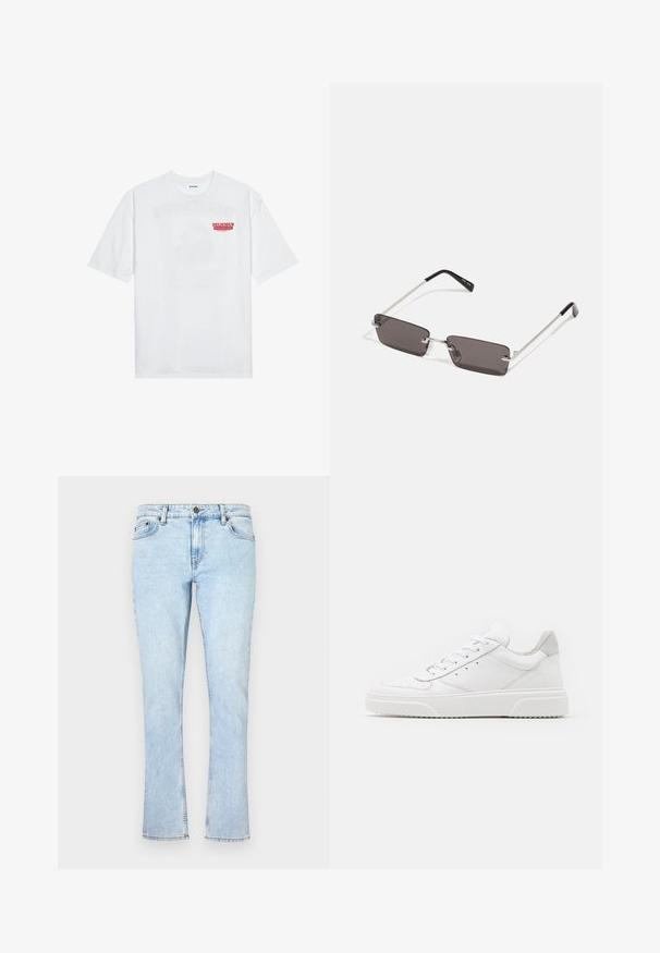 Balta medvilninė marškinėliai su trumpomis rankovėmis, apvaliu iškirpimu ir raudonu grafiniu tekstu "SKANI PAŽADINTI VAIŠIUS" priekyje.; Šviesiai mėlynos džinsinės kelnės su tiesiu kojų kirpimu, turinčios mygtuko užsegimą, penkias kišenes ir švelnų dėvėjimosi efektą, suteikiantį tekstūrą.; Balti odiniai sportbačiai su lygiu paviršiumi, apvaliu pirštu, plokščiomis raištelėmis ir struktūrizuota padu. Pilko zimšo akcentas ant kulno.; Akiniai nuo saulės su stačiakampiais, tamsiai pilkais lęšiais, sidabriniais metaliniais rėmeliais ir juodais plastikiniais galiukais. Lengvas dizainas su nosies pagalvėlėmis.