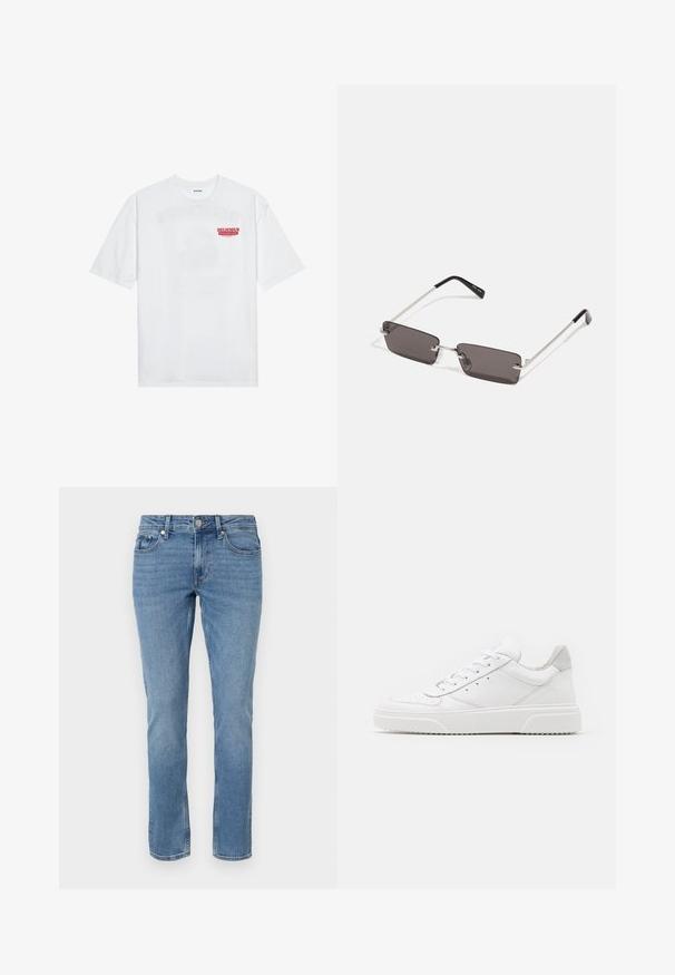 White cotton t-shirt featuring short sleeves, crew neck, and a red graphic text "DELICIOUS REFRESHING FRUIT" on the front.; Blue straight-leg denim jeans with front pockets, belt loops, and a button closure.; White leather sneakers with a smooth finish, rounded toe, flat laces, and a textured sole. Grey suede accent at the heel.; Sunglasses with rectangular, dark grey lenses, silver metal frames, and black plastic tips on the arms. Lightweight design with nose pads.