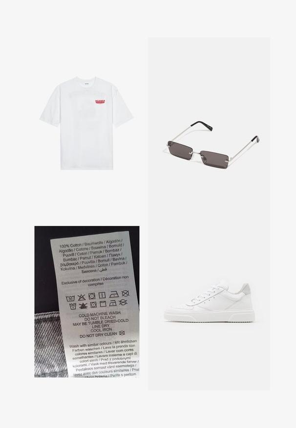 Biele bavlnené tričko s krátkymi rukávmi, okrúhlym výstrihom a červeným grafickým textom "CHUTNÉ OSVIEŽUJÚCE OVOCIE" na prednej strane.; Biely štítok s čiernym textom, ktorý uvádza pokyny na údržbu v niekoľkých jazykoch. Obsahuje symboly na pranie, sušenie a žehlenie. 100% bavlna.; Biele kožené tenisky s hladkým povrchom, zaoblenou špičkou, plochými šnúrkami a textúrovanou podrážkou. Sivý semišový akcent na päte.; Slnečné okuliare s obdĺžnikovými, tmavosivými sklami, striebornými kovovými rámami a čiernymi plastovými koncami na rúčkach. Ľahký dizajn s nosovými podložkami.