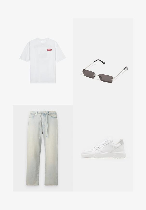 Fehér pamut póló, rövid ujjakkal, kerek nyakkal, elöl piros grafikus felirattal: "ÍZLETES FRESKÉLŐ GYÜMÖLCS".; Világoskék farmernadrág, lazább szabással, zsinóros derékkal, finoman megfakult textúrával és egyenes szárakkal. Klasszikus zsebekkel és varrással rendelkezik.; Fehér bőr sportcipő sima felülettel, kerek orral, lapos fűzőkkel és textúrált talppal. Szürke velúr díszítés a saroknál.; Napszemüveg téglalap alakú, sötétszürke lencsékkel, ezüstszínű fémkerettel és fekete műanyag végű szárakkal. Könnyű kivitel, orrpárnákkal.